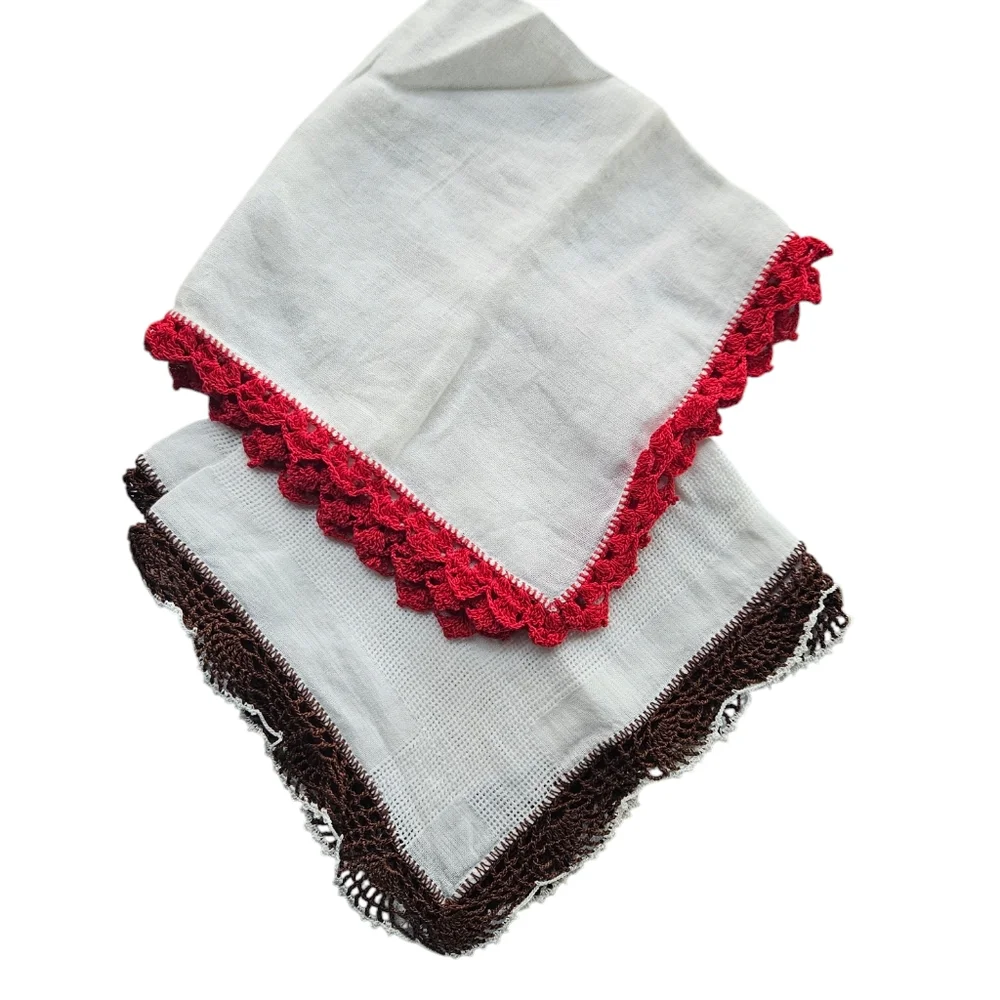 VTG Handmade Crochet Border Edge Red & Brown Cotton Hankies | SZ 12